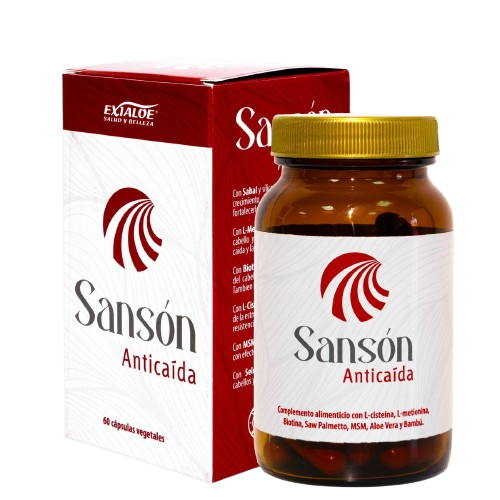 Las cápsulas Sansón Anticaída de Exialoe es un complemento alimenticio formulado con L-cisteína, extractos vegetales, vitaminas y minerales diseñados para mejorar el cabello gracias a ingredientes naturales como el Sabal, que ayuda al crecimiento natural del cabello, con Cobre, que contribuye a mantener la pigmentación normal del cabello, y con Selenio, Zinc y Biotina, que mantienen cabello y uñas en condiciones saludables.